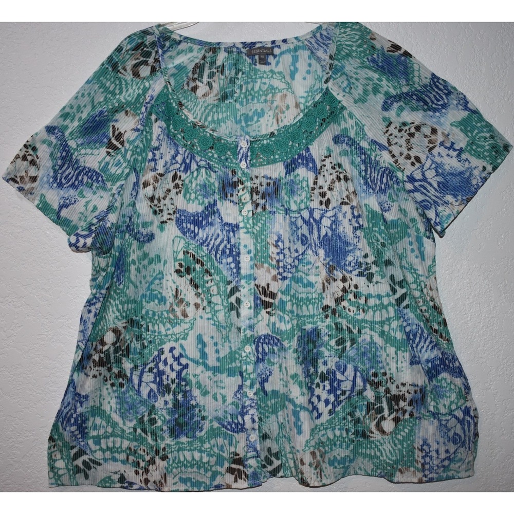 Essentials Women 3X Blouse Teal Blue Abstract Print Crochet Trim Button Up Top